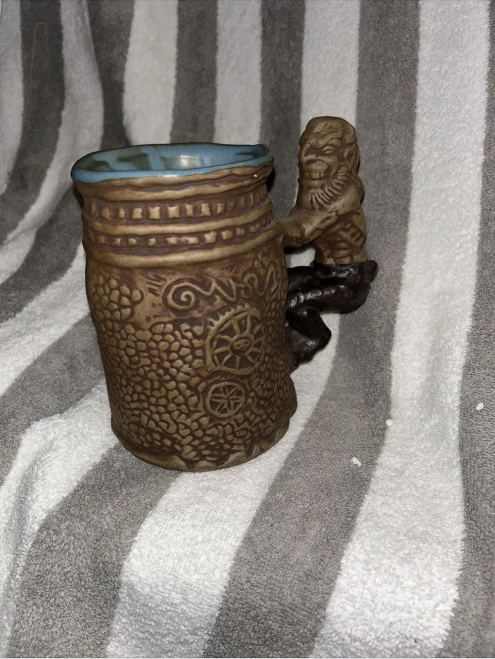 Artisan Brown Ceramic Tankard with Blue Interior and Sculpted Handle Jim Rumph
